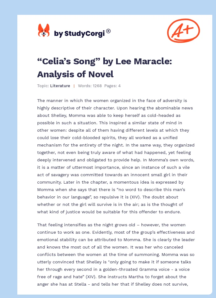 “Celia’s Song” by Lee Maracle: Analysis of Novel. Page 1