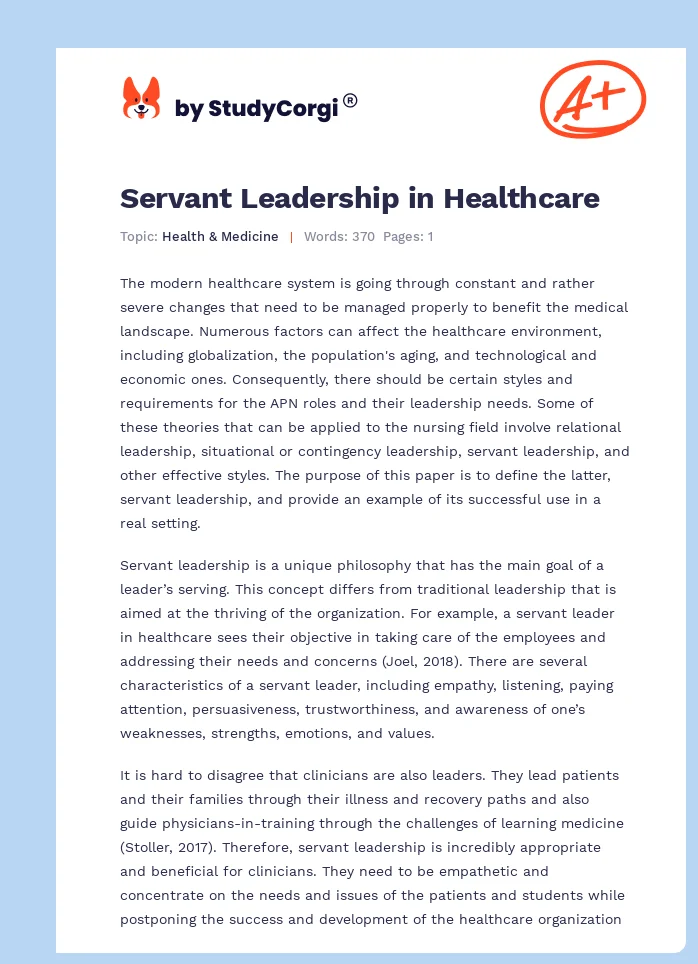 Servant Leadership in Healthcare. Page 1