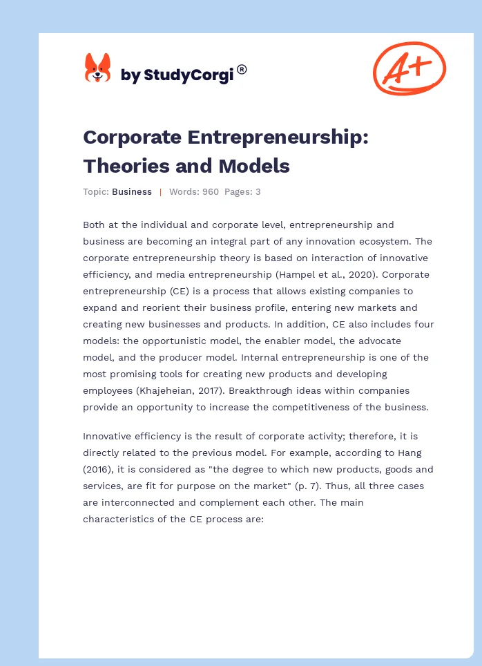 Corporate Entrepreneurship: Theories and Models. Page 1