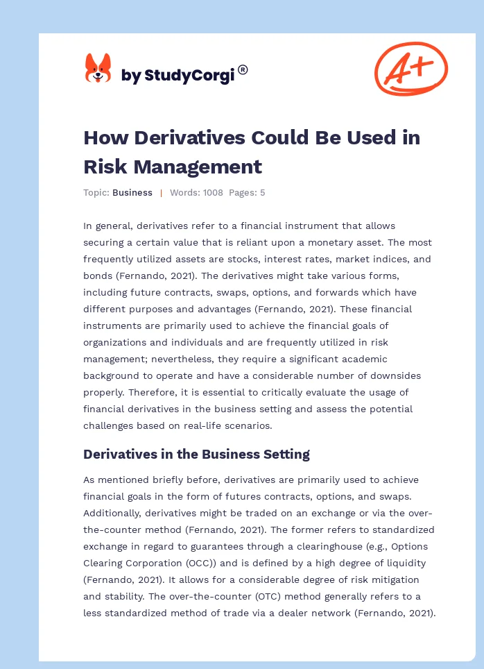 How Derivatives Could Be Used in Risk Management. Page 1