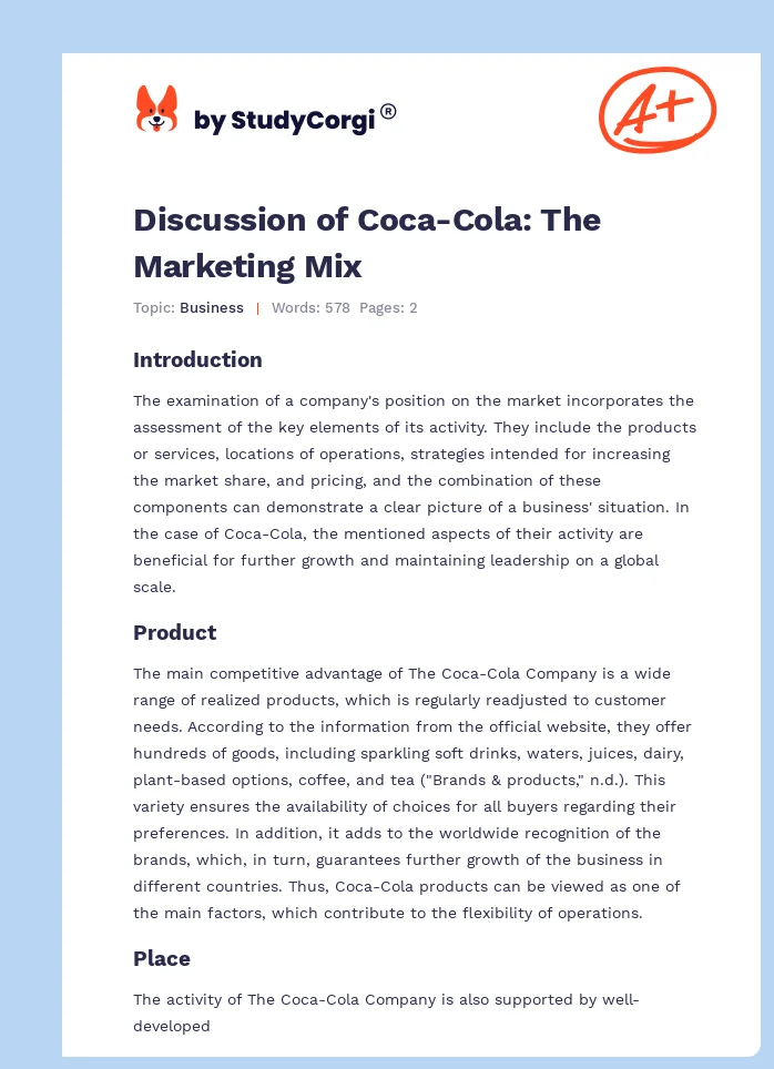Discussion of Coca-Cola: The Marketing Mix. Page 1