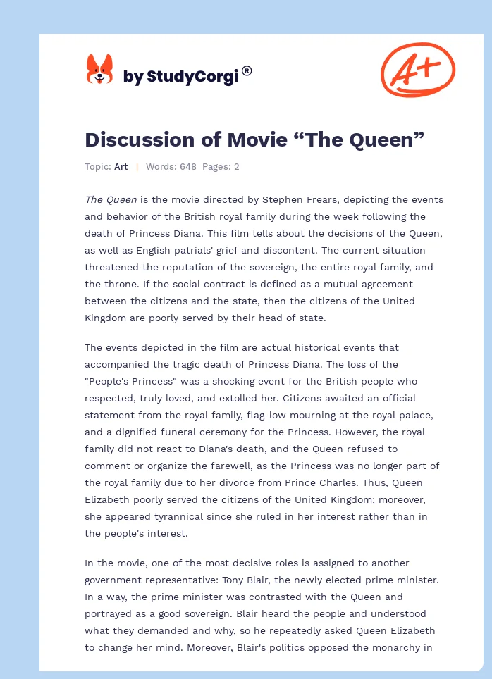 Discussion of Movie “The Queen”. Page 1