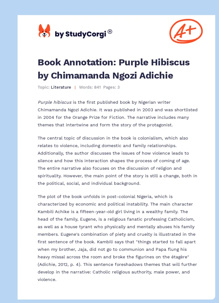 Book Annotation: Purple Hibiscus by Chimamanda Ngozi Adichie. Page 1