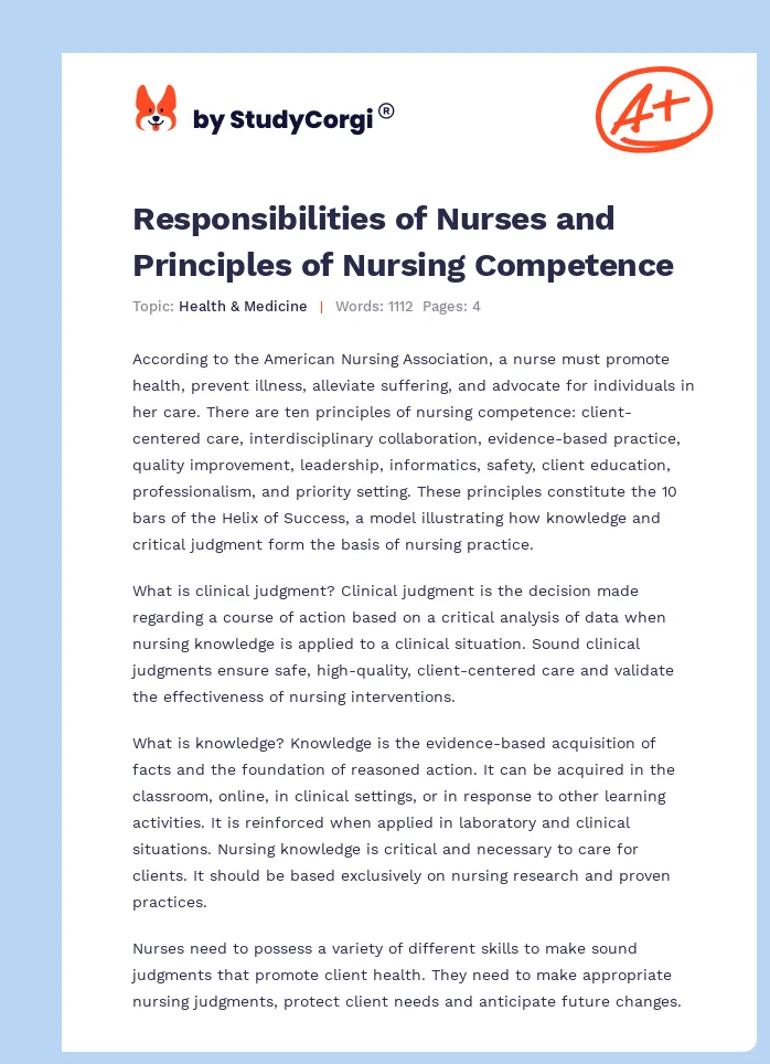 Responsibilities of Nurses and Principles of Nursing Competence. Page 1