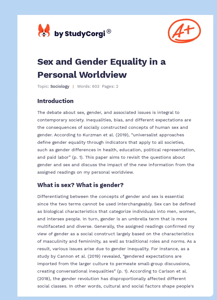 Sex and Gender Equality in a Personal Worldview. Page 1