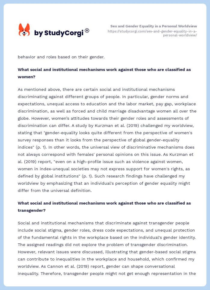 Sex and Gender Equality in a Personal Worldview. Page 2