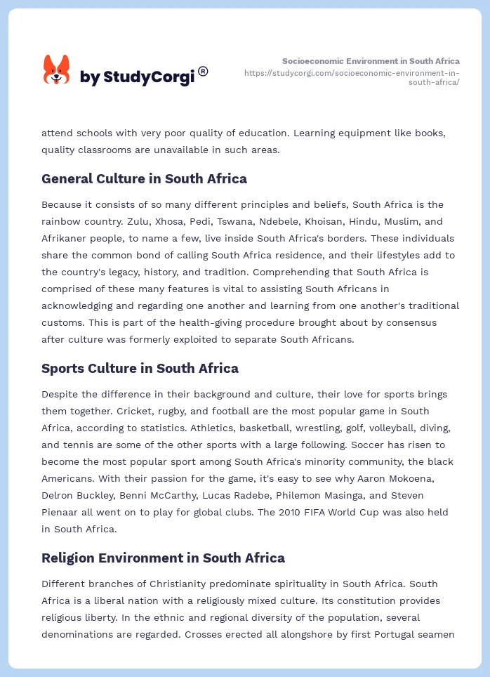 Socioeconomic Environment in South Africa. Page 2