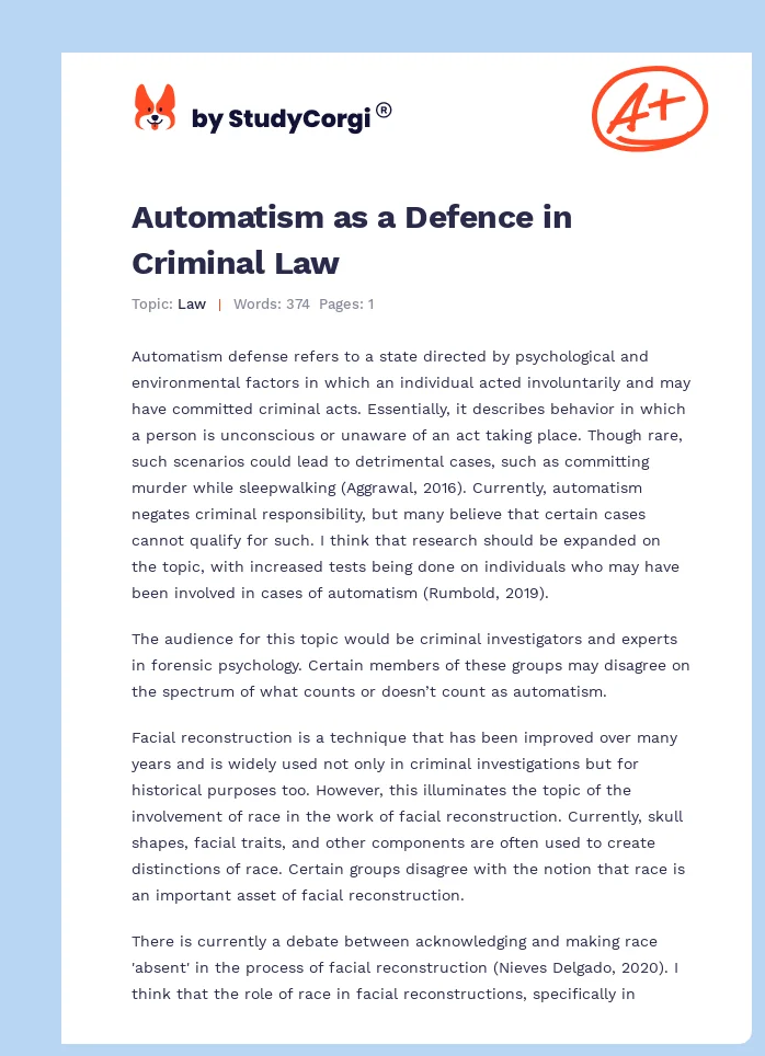 Automatism as a Defence in Criminal Law. Page 1