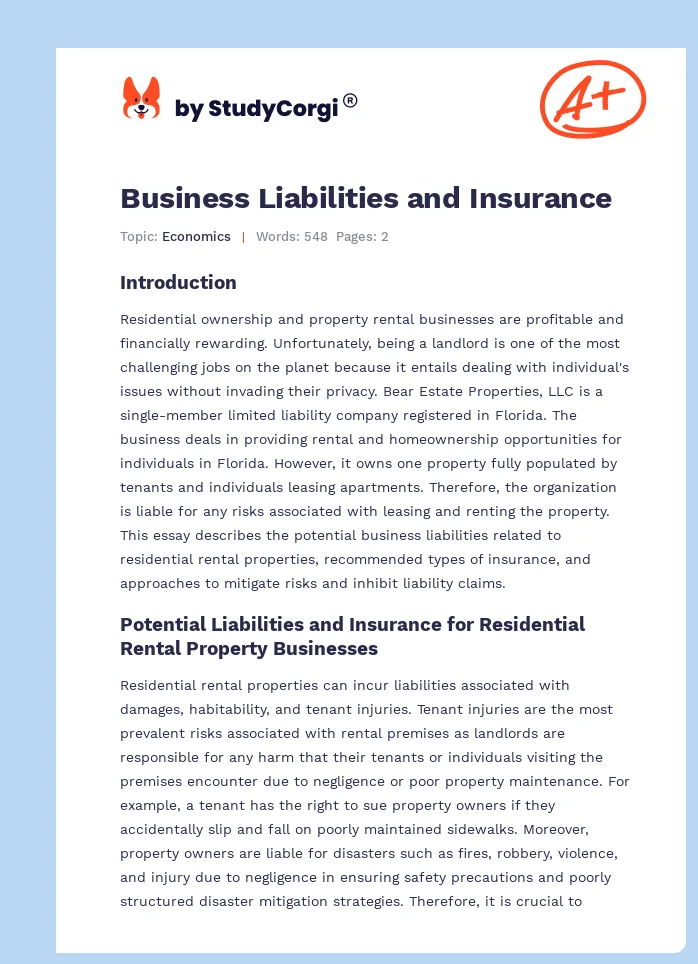 Business Liabilities and Insurance. Page 1
