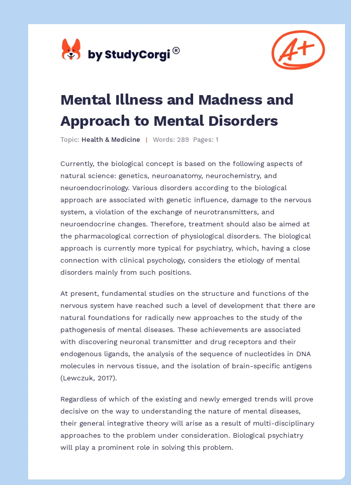 Mental Illness and Madness and Approach to Mental Disorders. Page 1