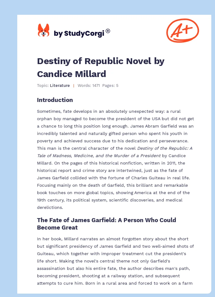 Destiny of Republic Novel by Candice Millard. Page 1