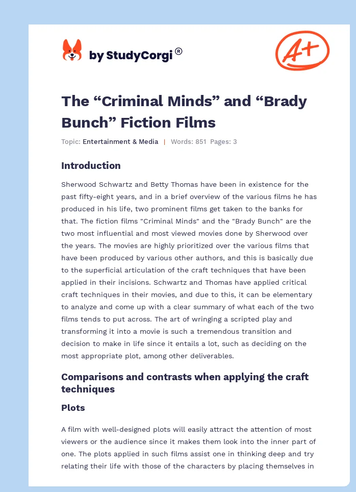 The “Criminal Minds” and “Brady Bunch” Fiction Films. Page 1