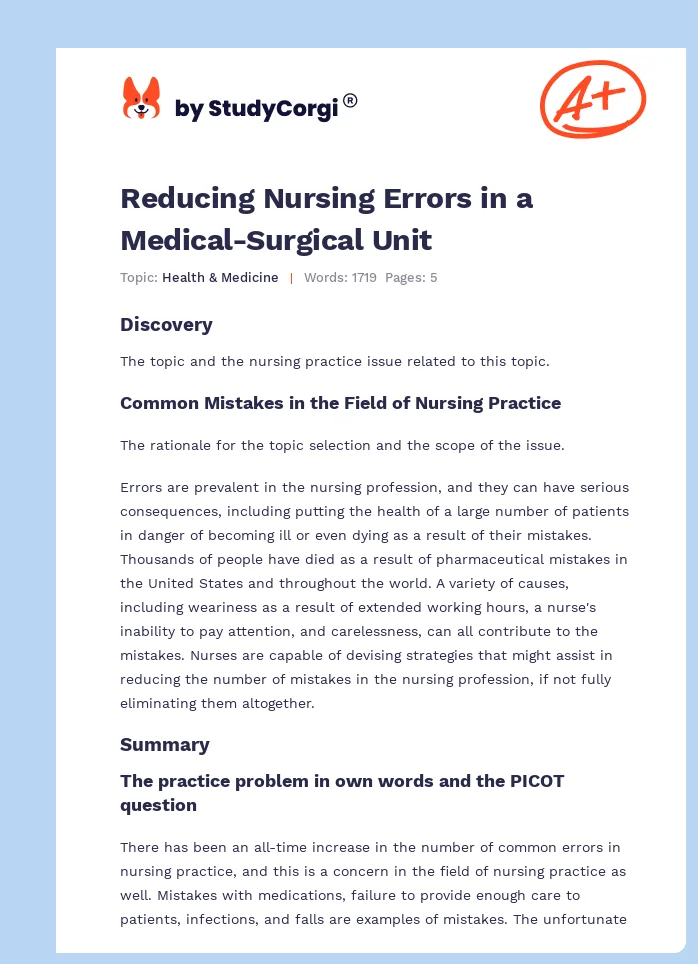 Reducing Nursing Errors in a Medical-Surgical Unit. Page 1