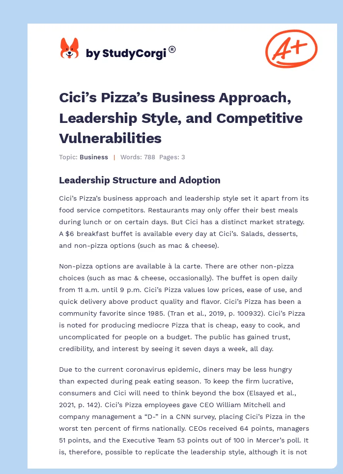 Cici’s Pizza’s Business Approach, Leadership Style, and Competitive Vulnerabilities. Page 1