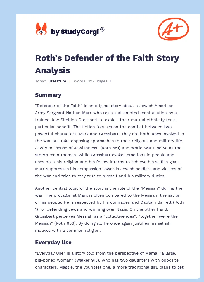 Roth’s Defender of the Faith Story Analysis. Page 1