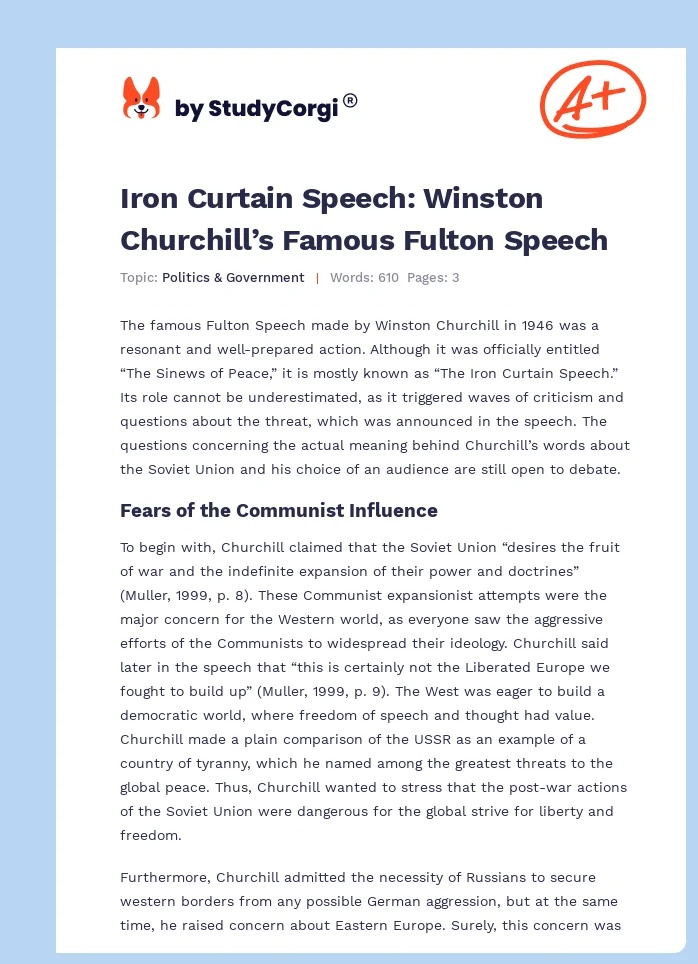 Iron Curtain Speech: Winston Churchill’s Famous Fulton Speech. Page 1