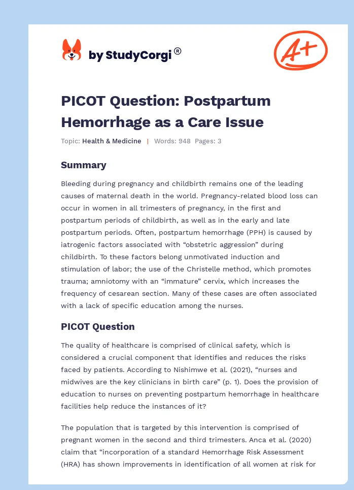 PICOT Question: Postpartum Hemorrhage as a Care Issue. Page 1