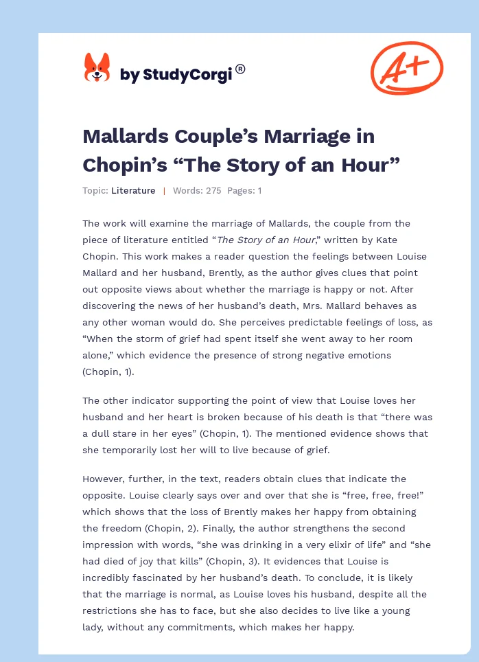 Mallards Couple’s Marriage in Chopin’s “The Story of an Hour”. Page 1