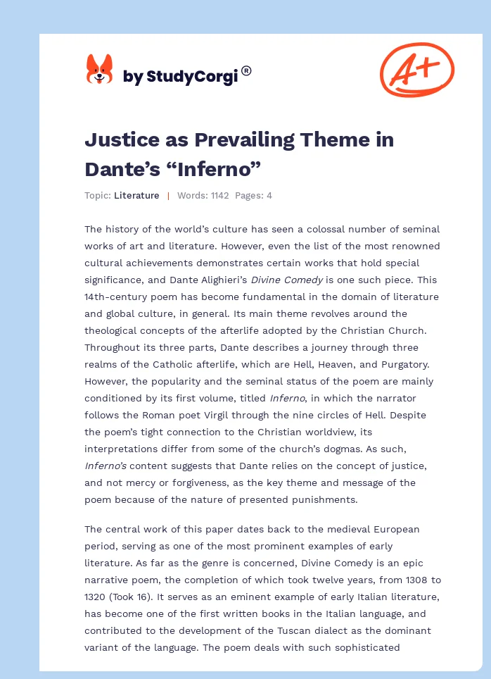 Justice as Prevailing Theme in Dante’s “Inferno”. Page 1