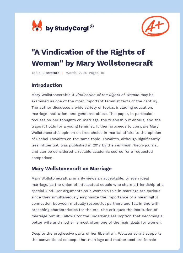 "A Vindication of the Rights of Woman" by Mary Wollstonecraft. Page 1