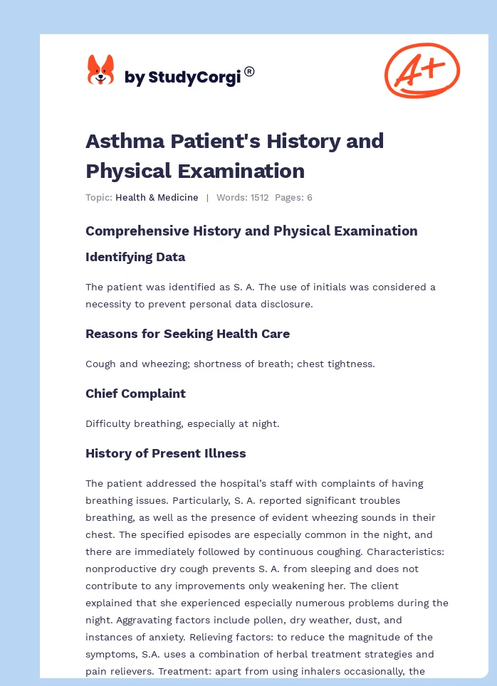 Asthma Patient's History and Physical Examination. Page 1