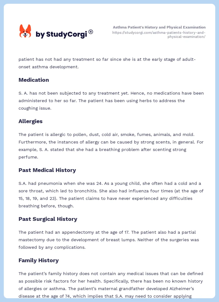 Asthma Patient's History and Physical Examination. Page 2
