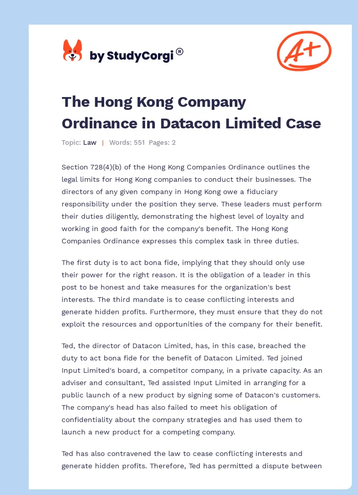 The Hong Kong Company Ordinance in Datacon Limited Case. Page 1