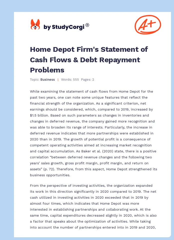 Home Depot Firm's Statement of Cash Flows & Debt Repayment Problems. Page 1