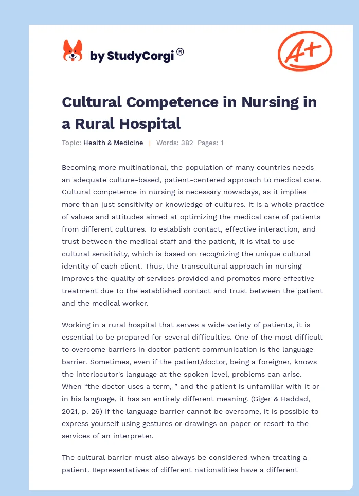 Cultural Competence in Nursing in a Rural Hospital. Page 1