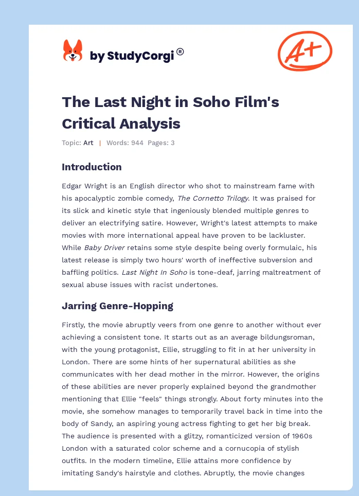 The Last Night in Soho Film's Critical Analysis. Page 1