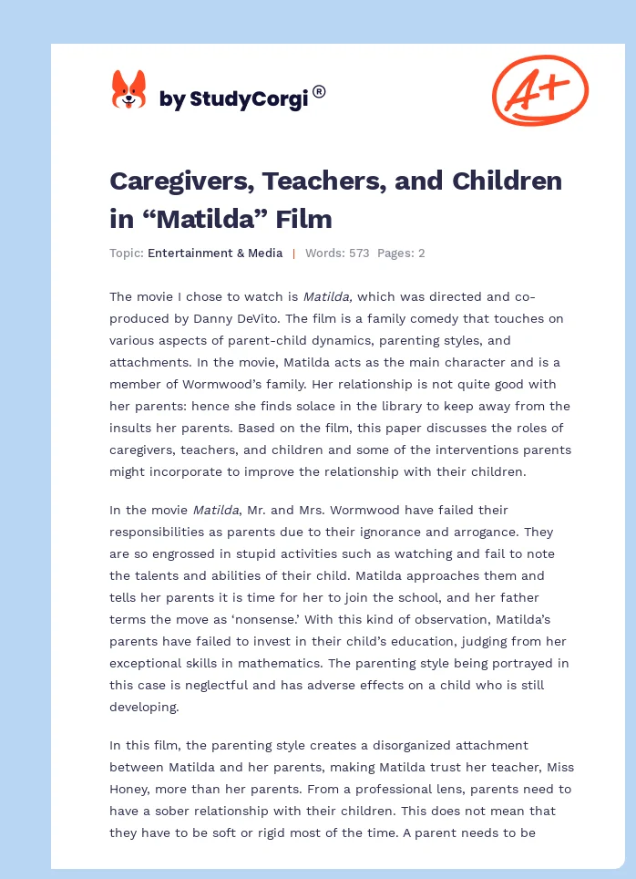Caregivers, Teachers, and Children in “Matilda” Film. Page 1