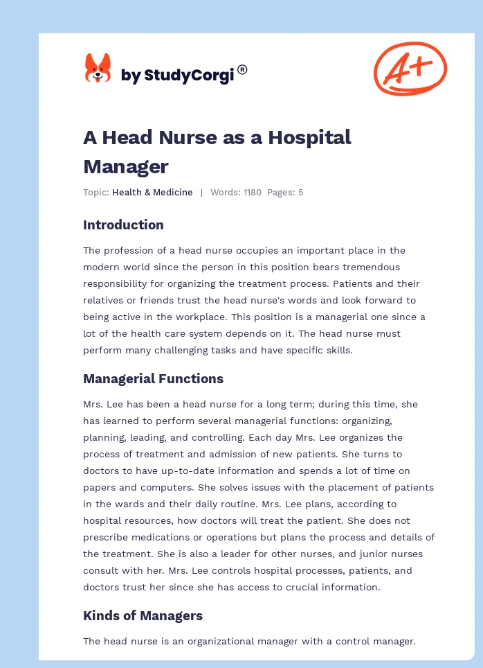 A Head Nurse as a Hospital Manager. Page 1