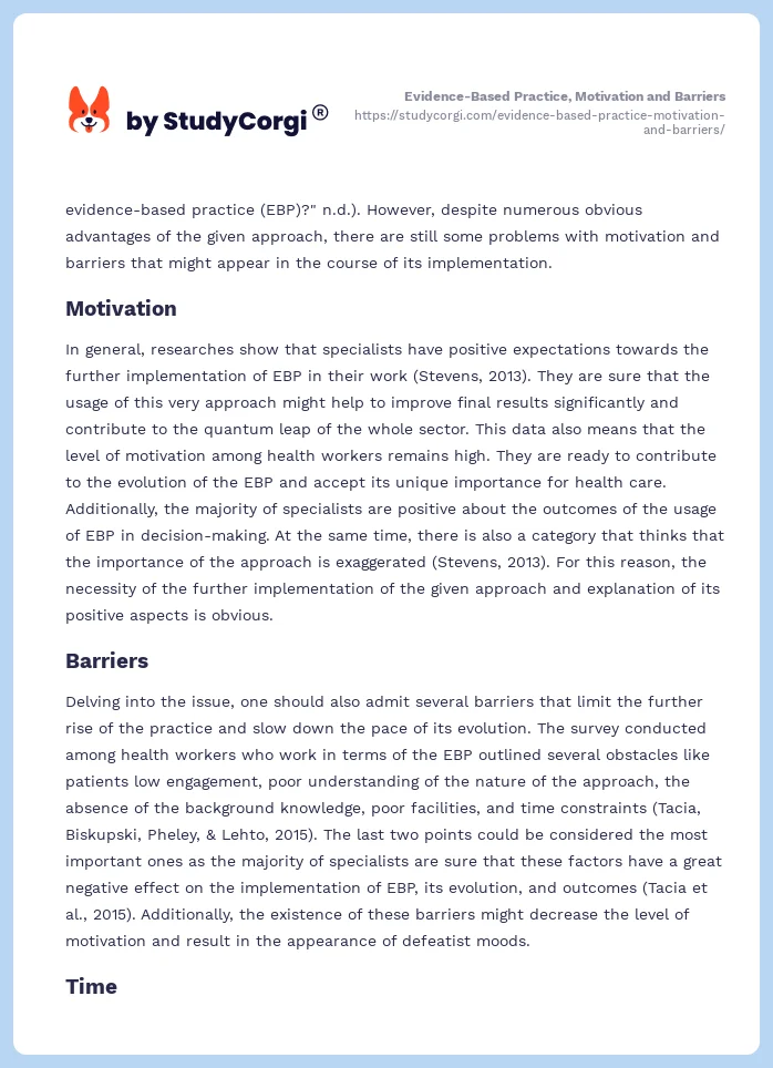 Evidence-Based Practice, Motivation and Barriers. Page 2
