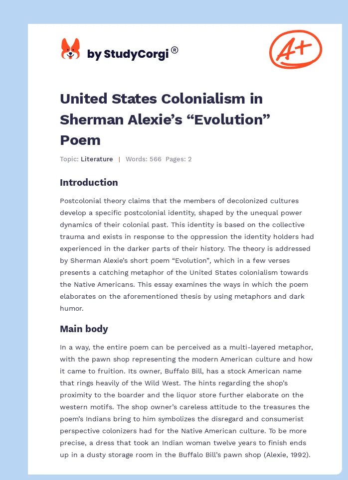 United States Colonialism in Sherman Alexie’s “Evolution” Poem. Page 1