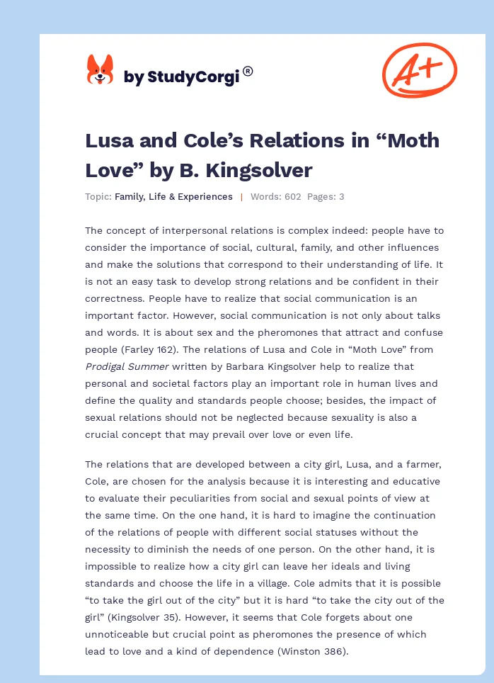 Lusa and Cole’s Relations in “Moth Love” by B. Kingsolver. Page 1