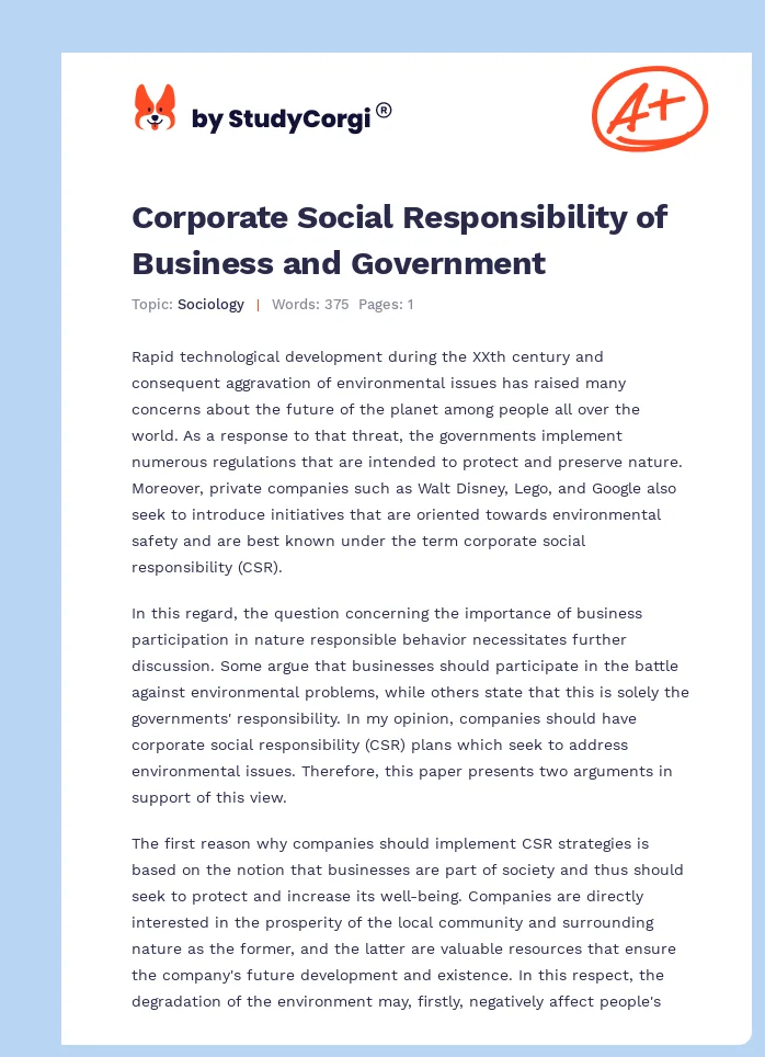Corporate Social Responsibility of Business and Government. Page 1