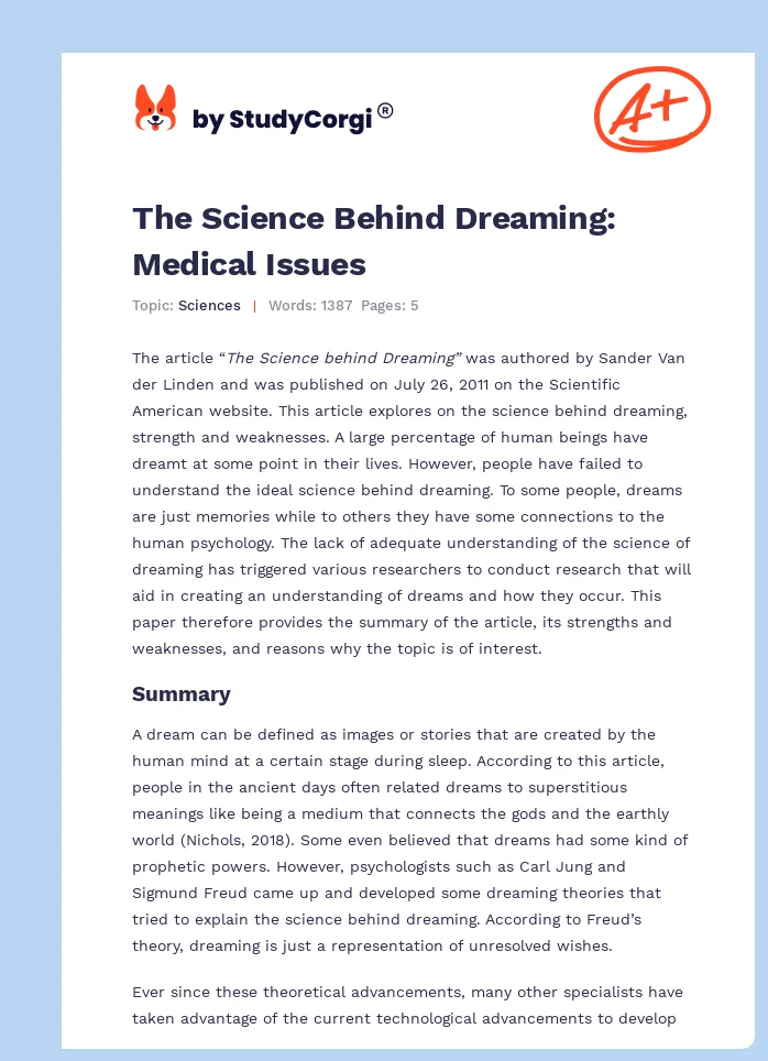 The Science Behind Dreaming: Medical Issues. Page 1
