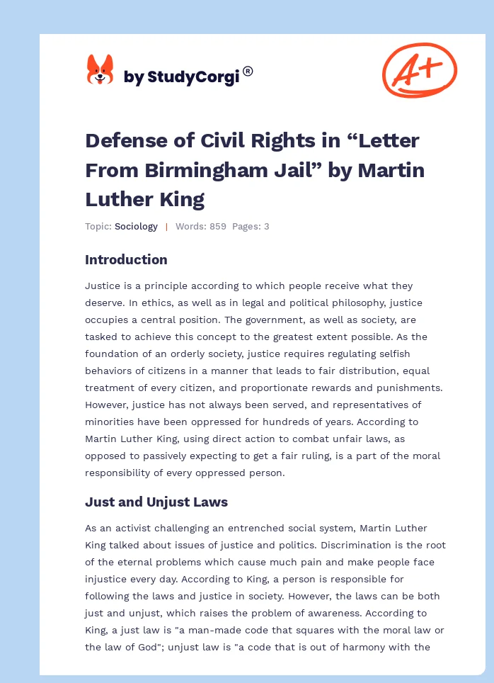 Defense of Civil Rights in “Letter From Birmingham Jail” by Martin Luther King. Page 1
