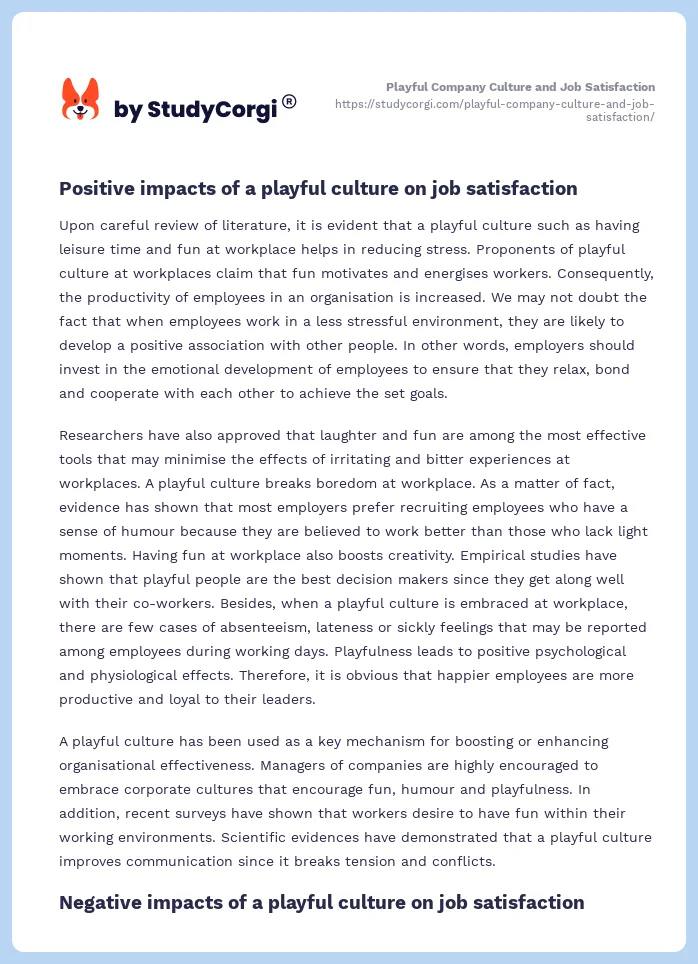 Playful Company Culture and Job Satisfaction. Page 2