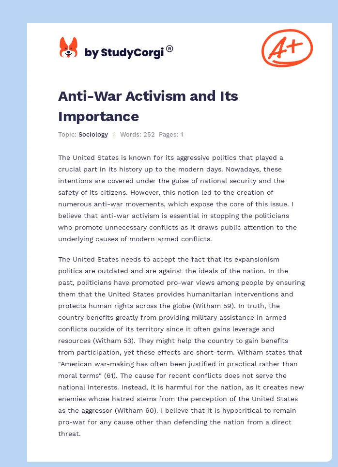 Anti-War Activism and Its Importance. Page 1