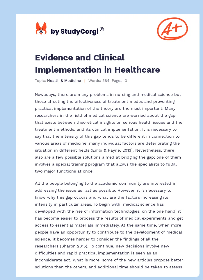 Evidence and Clinical Implementation in Healthcare. Page 1