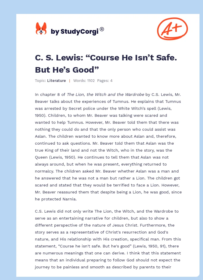 C. S. Lewis: “Course He Isn’t Safe. But He’s Good”. Page 1