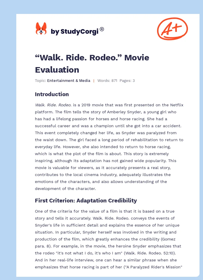 “Walk. Ride. Rodeo.” Movie Evaluation. Page 1