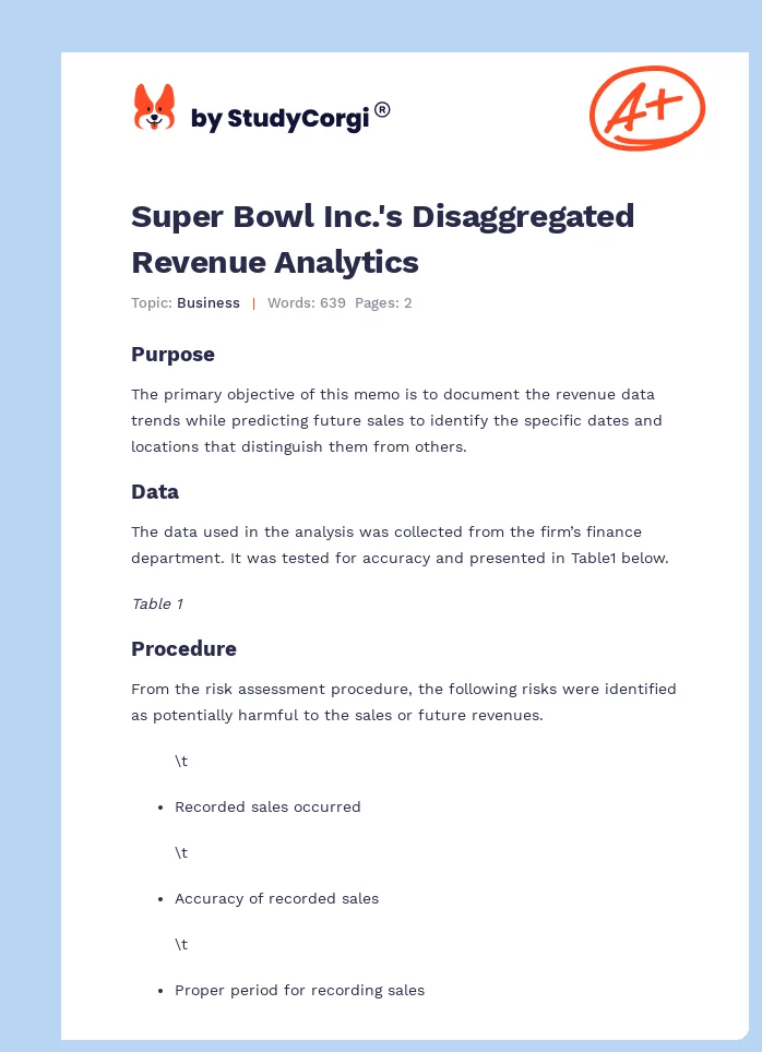 Super Bowl Inc.'s Disaggregated Revenue Analytics. Page 1