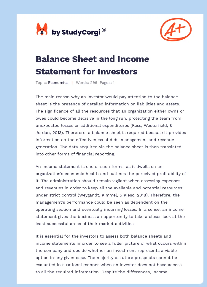 Balance Sheet and Income Statement for Investors. Page 1