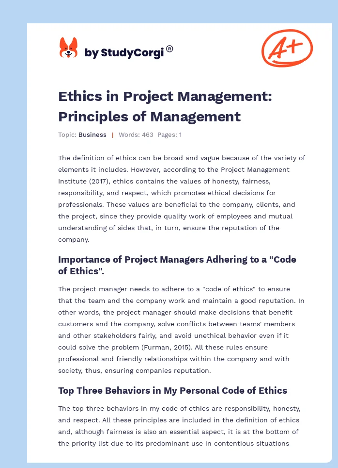 Ethics in Project Management: Principles of Management. Page 1