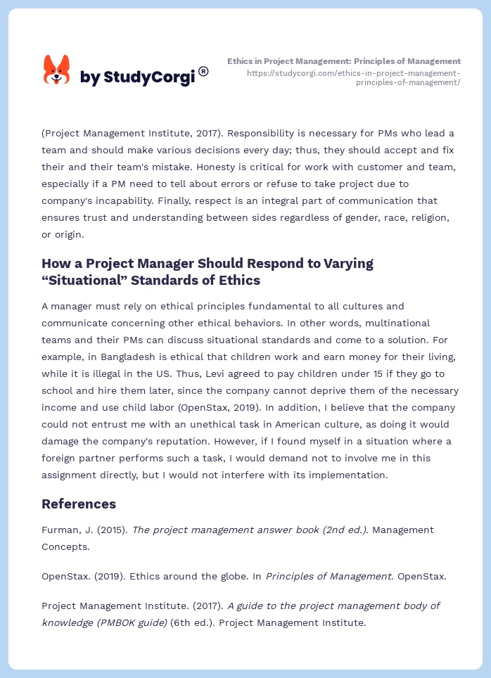Ethics in Project Management: Principles of Management. Page 2