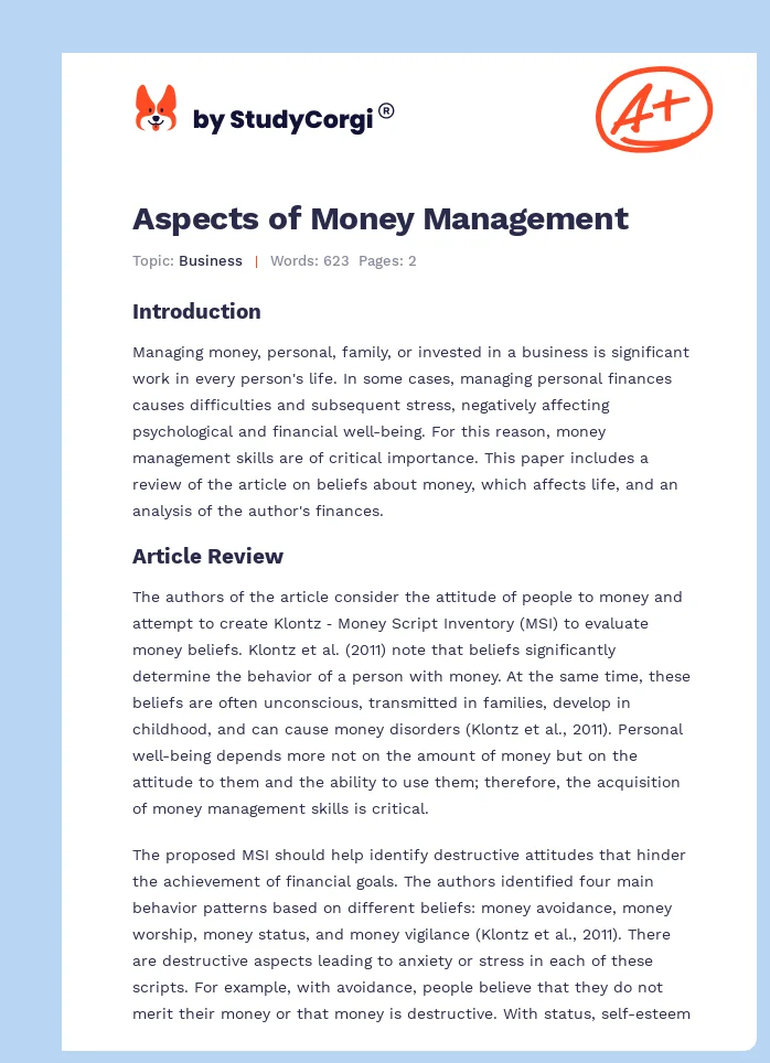Aspects of Money Management. Page 1