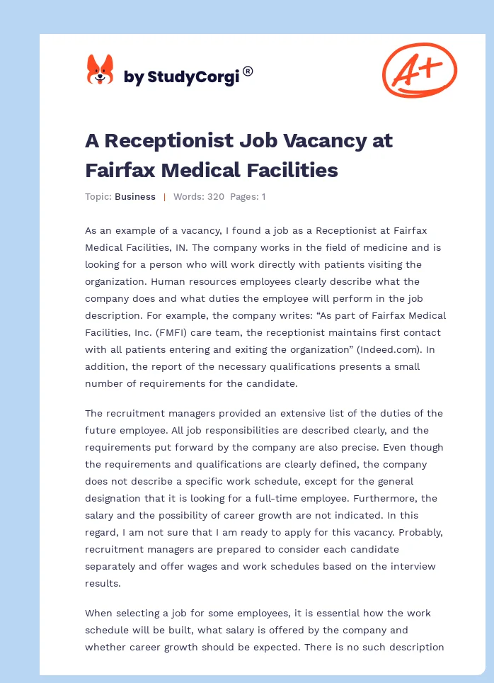 A Receptionist Job Vacancy at Fairfax Medical Facilities. Page 1