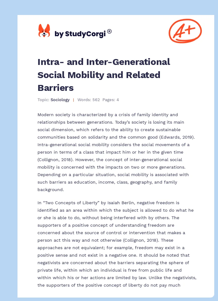 Intra- and Inter-Generational Social Mobility and Related Barriers. Page 1